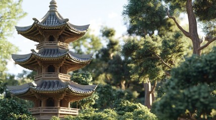 Fototapeta premium Elegant Japanese-Style Pagoda in a Garden