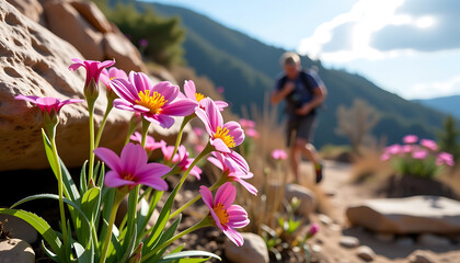 Pink flowers yellow center sunny mountain trail vibrant nature spring hike 