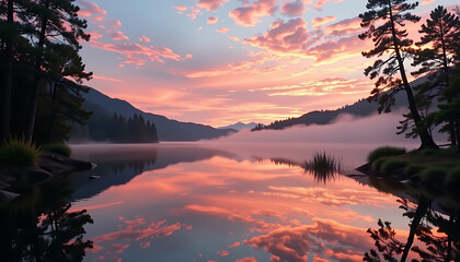 Serene sunrise lake landscape pink orange hues tranquil nature scene peaceful dawn 