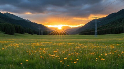 Power lines stretch across a lush green valley as the sun rises behind distant mountains. Wildflowers bloom in the foreground, creating a peaceful atmosphere at dawn