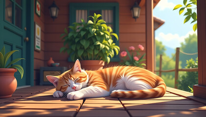 Orange white cat sleeps porch sunlight summer peace warmth