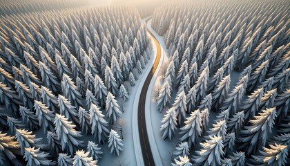 Snowy winter forest road aerial view white grey serene peaceful holiday season 
