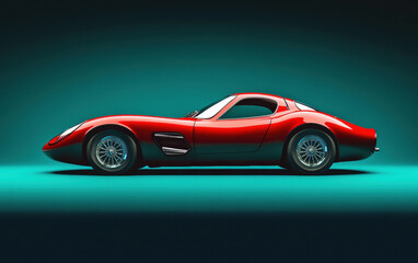 Fototapeta premium A shiny red sports car parked in front of a teal backdrop, the smooth curves of the car illuminated to highlight its sleek shape.
