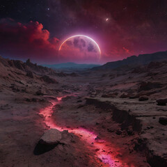 Eclipse casts a surreal glow over an alien landscape with glowing river