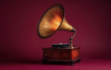 A vintage gramophone with a polished wooden base, standing against a burgundy background, its large horn glowing under soft light. 