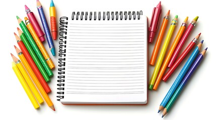 A blank notebook surrounded by colorful school pencil