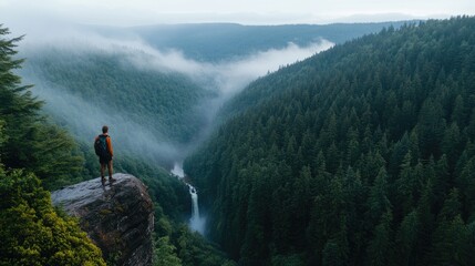 A person in a yellow jacket stands on a rock, overlooking a beautiful waterfall set amidst tall coniferous trees in a misty valley. The atmosphere is serene and enchanting