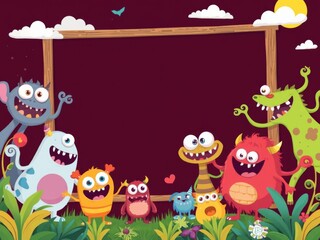 Fototapeta premium Colorful cartoon monsters in varying shapes and sizes surround a white blank space in the center, creating a playful frame, fun, cartoon