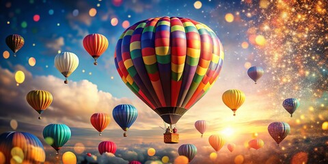 Fototapeta premium A Colorful Hot Air Balloon Ascends Above a Vibrant Sky of Floating Balloons with a Stunning Bokeh Effect Capturing the Joy of Flight and Adventure in the Air