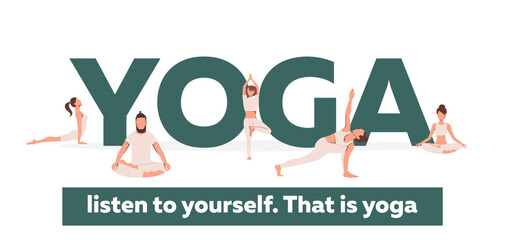 Yoga word and people in asanas. Flexible girls and men exercising. Vector illustration isolated on white background