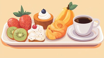 A Tray of Assorted Breakfast Items, Including Coffee, Pastries, and Fruit