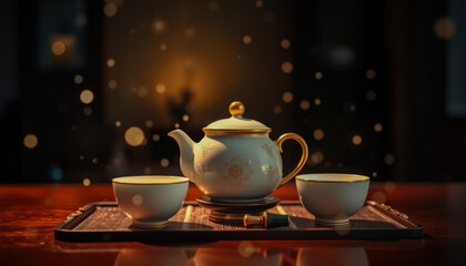 Elegant Tea Set on Wooden Table for Chinese New Year