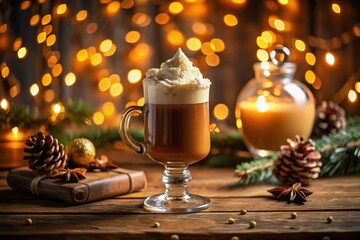 Obraz premium A Cozy Evening: A Frothy Drink with Whipped Cream Surrounded by Twinkling Lights and a Decorative Bottle for a Perfect Low Light Photography Scene