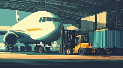 Naklejka premium Airplane, Forklift, and Cargo Containers in a Hangar