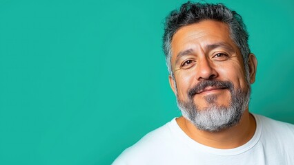 Obraz premium Portrait of a Middle-Aged Hispanic Man with Full Beard and Knowing Smile on Rich Emerald Background