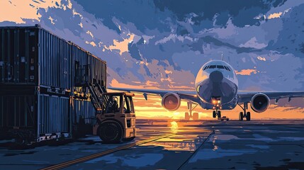 Forklift Moving Cargo Containers with a Large Airplane in the Background
