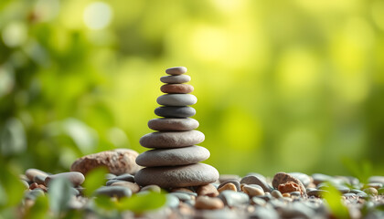Obraz premium Stack of zen stones on abstract nature green summer background. Relax still life with stacked of stone. zen pebble stones, spa wellness tranquil scene, soul equanimity calmnes concept. copy space is