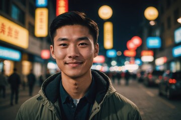 Fototapeta premium Close portrait of a smiling young Chinese man looking at the camera, Chinese city outdoors at night blurred background