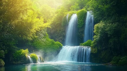 Obraz premium Majestic waterfall flowing into serene pool, embraced by vibrant greenery, tranquil scene inviting peace and connection with nature