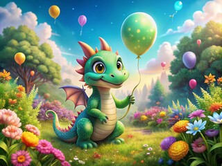 Naklejka premium Adorable Baby Dragon with a Colorful Balloon in a Whimsical Landscape Full of Lush Greenery and Bright Flowers, Perfect for Fantasy Illustrations and Children's Storybooks