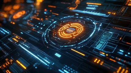 Obraz premium Futuristic Interface with Tech Circuits in Glowing Blue and Orange Hues