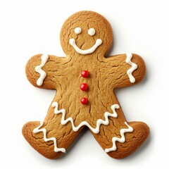 Gingerbread man cookie decorated with white icing and red buttons lying on white background