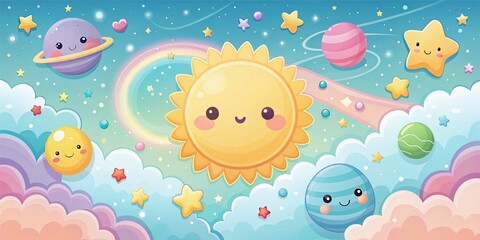 Naklejka premium Adorable Cartoon Sun in Pastel Celestial Theme for Wallpaper and Background, Perfect for Children's Rooms and Playful Spaces, Invoking a Cheerful Atmosphere with Copious Copy Space