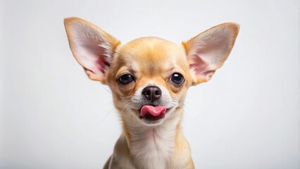 Obraz premium Adorable Chihuahua Puppy with Closed Eyes and Licking Lips, Capturing the Delight of Delicious Food on a White Background for Pet Lovers and Food Enthusiasts
