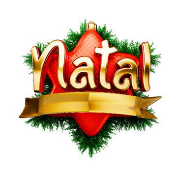 Christmas wreath label with bell and red ribbon isolated on white background. The name Natal means Christmas. 3d render illustration