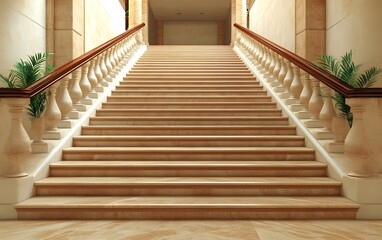 Fototapeta premium Elegant staircase with polished steps and decorative railings, leading to an upper level.