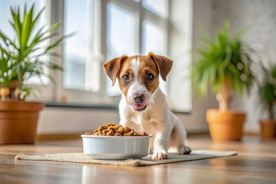 Adorable Jack Russell Puppy Enjoying Dry Food from a White Bowl in a Modern Home Setting, Illustrating Pet Care and Healthy Eating Habits for Animal Friends