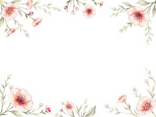 Fototapeta premium Graceful botanical illustration of delicate flowers and leaves in soft pastel colors surrounding a white space, flowers, soft colors