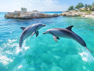 A pair of dolphins jumping in clear turquoise water