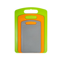 Chopping cutting board set on white background. Cutting boards plastic isolated set of three