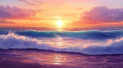 Serene Sunset Over Tranquil Waters, vibrant hues reflecting on the surface, soft waves caressing the sandy beach, creating a harmonious atmosphere of relaxation and beauty