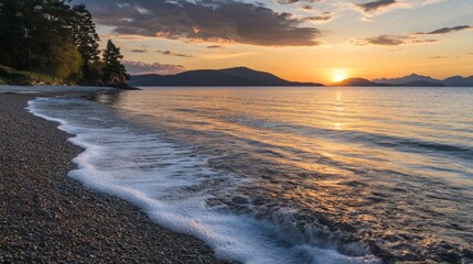 Fototapeta premium Serene Sunset Over Tranquil Waters, a breathtaking view of a vibrant sunset casting warm hues over a peaceful sea, gentle waves softly caressing the sandy shore