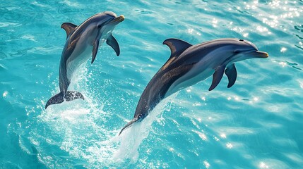 Fototapeta premium A pair of dolphins jumping in clear turquoise water