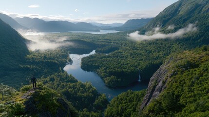 Obraz premium A person in a yellow jacket stands on a rock, overlooking a beautiful waterfall set amidst tall coniferous trees in a misty valley. The atmosphere is serene and enchanting
