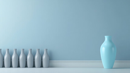 One blue vase breaking pattern of identical white decorative bottles