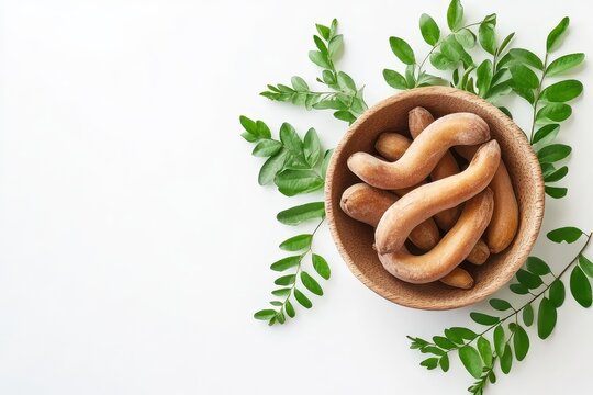 Tamarind fruits with green foliage on a white backdrop