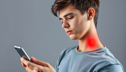 Fototapeta premium Teenager boy using phone with neck pain. Bad posture and digital addiction on puberty concept isolated with white highlights, png