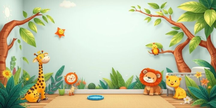 Fototapeta Jungle wallpaper featuring adorable cartoon animals in a vibrant and playful design, perfect for a nursery or children's room, animals, design