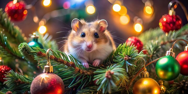A Dzungarian Hamster Playfully Exploring a Christmas Tree Surrounded by Colorful Garlands and Festive Ornaments for a Whimsical New Year&rsquo;s Celebration Scene