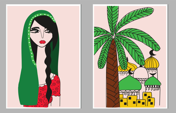 Egyptian farmer woman , Egyptian house, creative freehand composition in contemporary abstract style with colorful geometric elements. Tempura design for print, canvas, poster