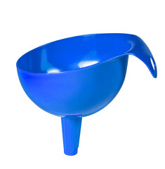 Blue plastic funnel isolated on white background.