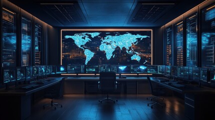 High-tech surveillance control room with world map displays, security monitoring, data analysis, global network, advanced technology, cyber control center, digital security, information systems