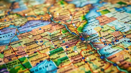 Fototapeta premium Aerial Perspective of Minnesota's Administrative Map in Tilt-Shift Photography Style Showcasing Cities, Counties, and Borders with Vivid Colors and Detailed Features