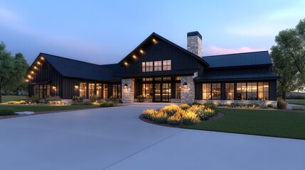 Naklejka premium A contemporary black cabin set among tall trees features expansive windows that invite natural light. An inviting outdoor space showcases comfortable seating and a peaceful atmosphere