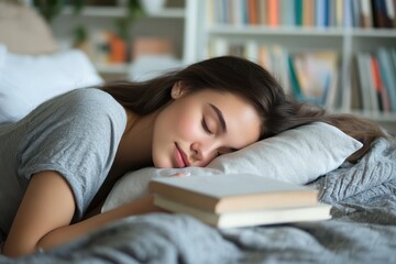 young woman dozing on clever backdrop