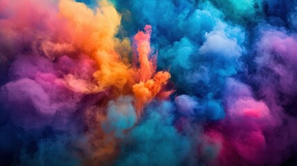 A mesmerizing swirl of multicolored smoke fills the air, resembling an explosion of vibrant holi powders, creating a stunning visual spectacle of swirling colors